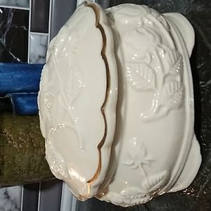 Bisque Porcelain Raised Rose Pattern Gold Trimmed Storage Box Footed